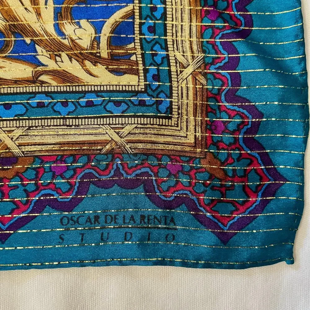 Vintage Oscar de la Renta Studio Gold Stripe Ornate Jewel Tone Silk Square Scarf